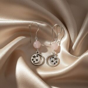 Matte Rose Quartz Moon Star Drop Earrings Silver Tone